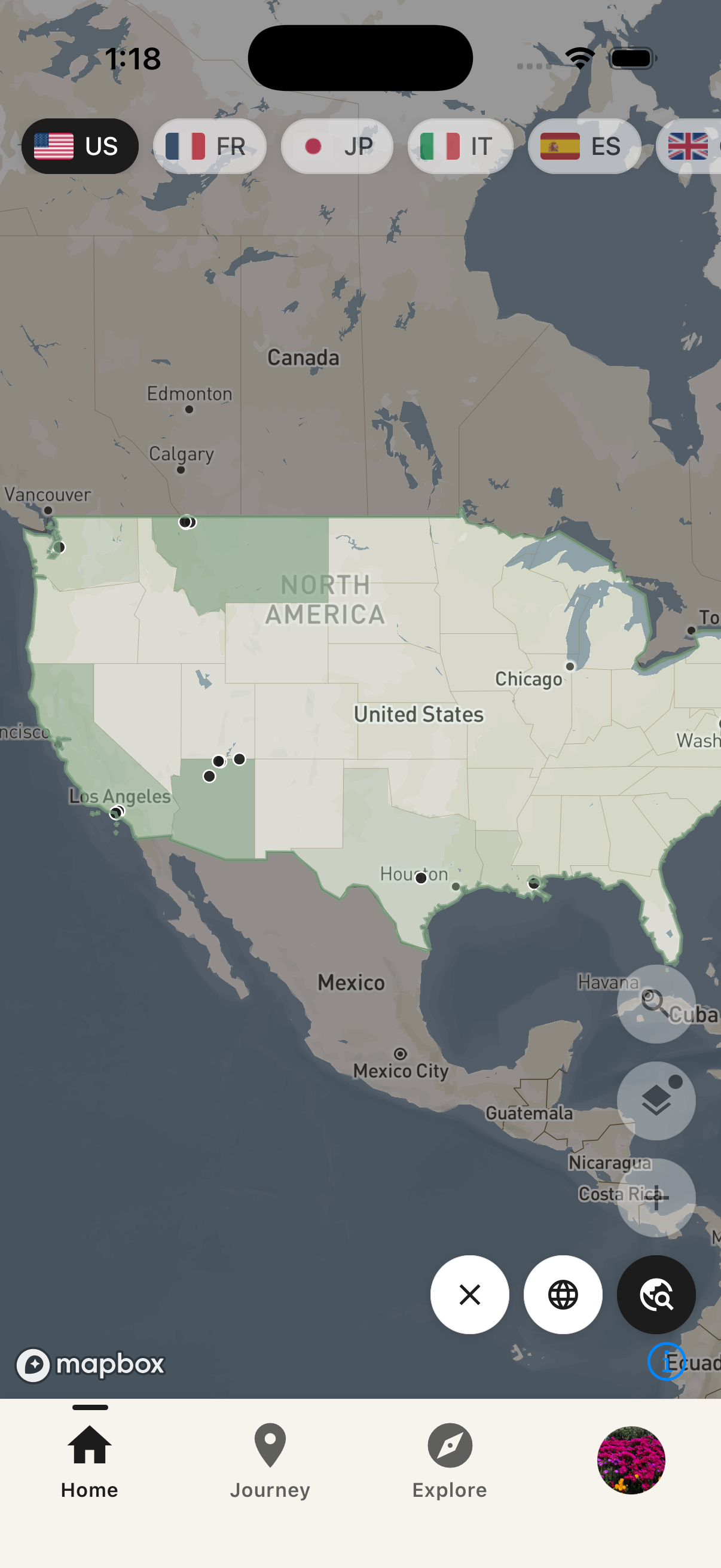 Country-level map view with flag filters