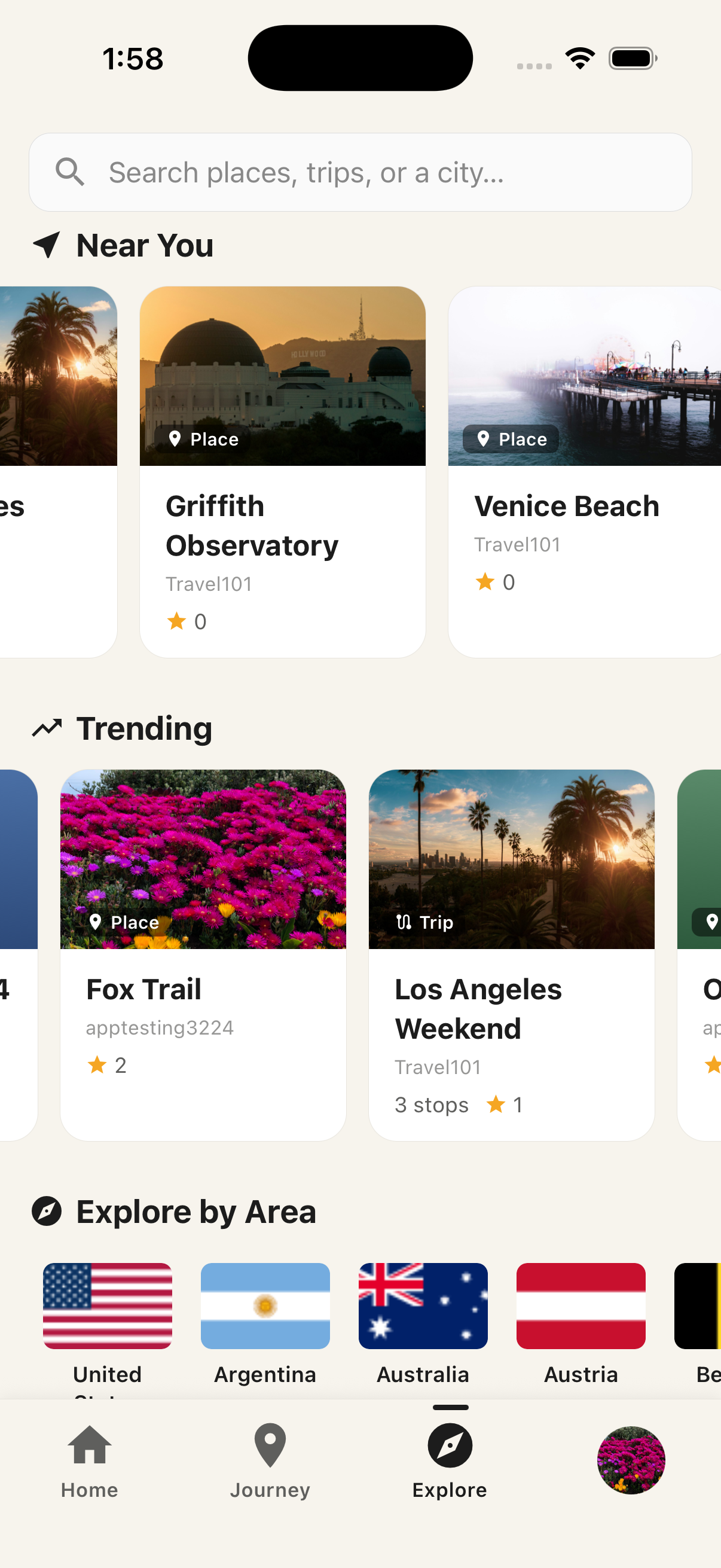 Explore tab showing trips and places from other travellers