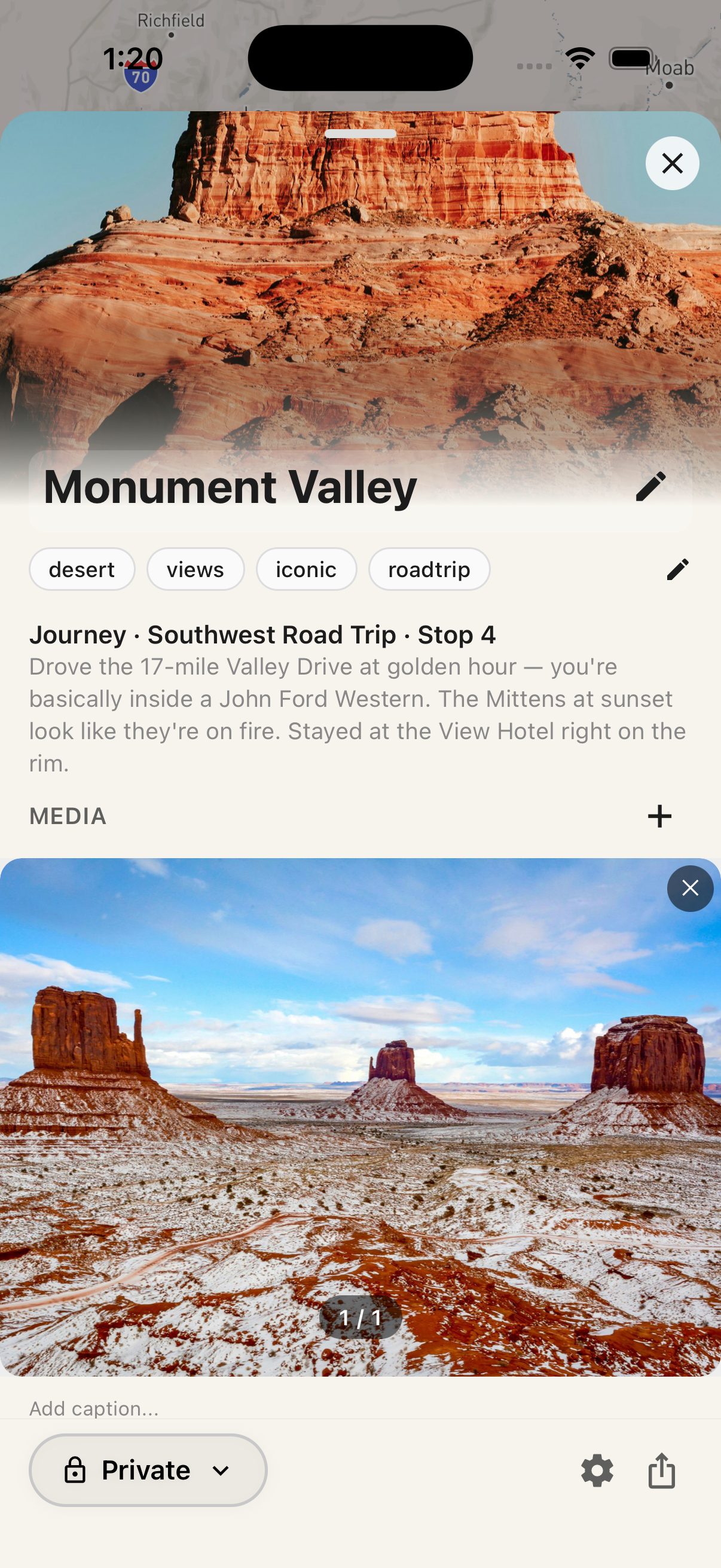 Monument Valley place detail with journal note and photo