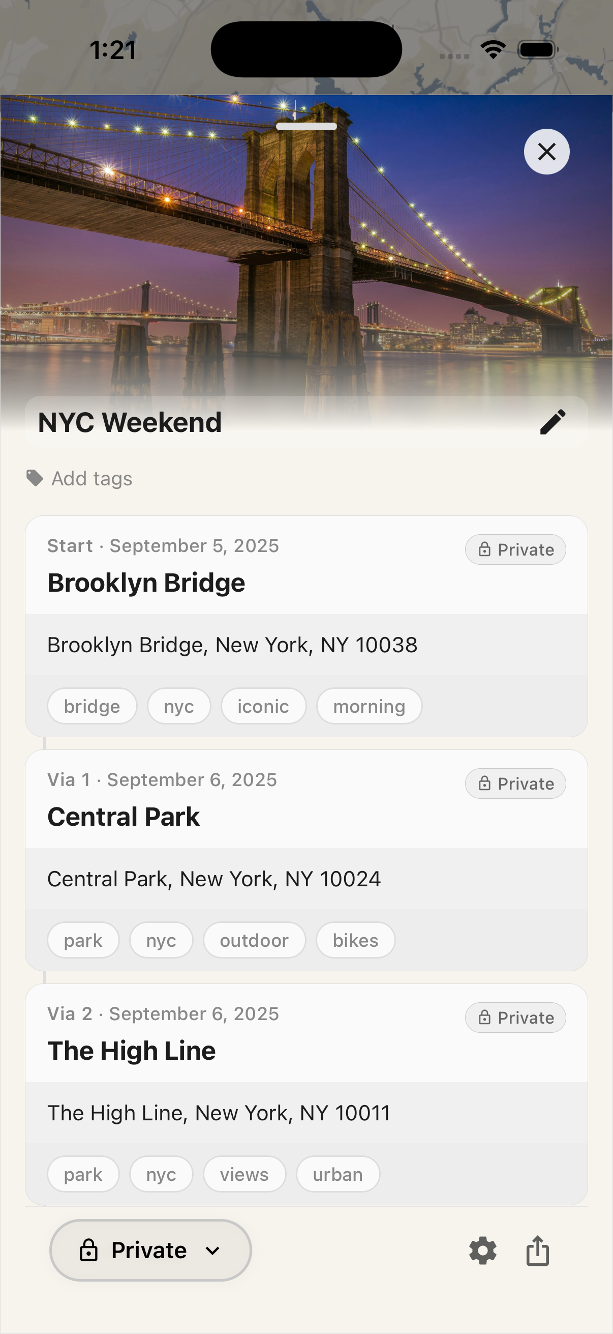 Trip route tab listing all stops with tags