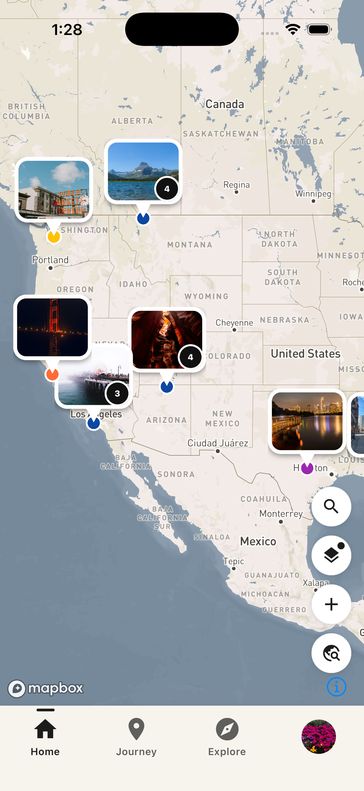 Map view showing photo-cluster pins across the US